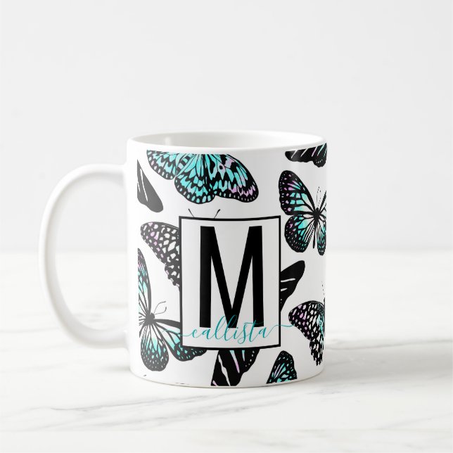 Aqua Teal Butterflies Watercolor Pattern Monogram Coffee Mug (Left)