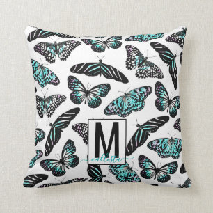Aqua Teal Butterflies Watercolor Pattern Monogram Throw Pillow