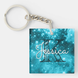 Aqua Teal Celestial Starry Monogram Keychain