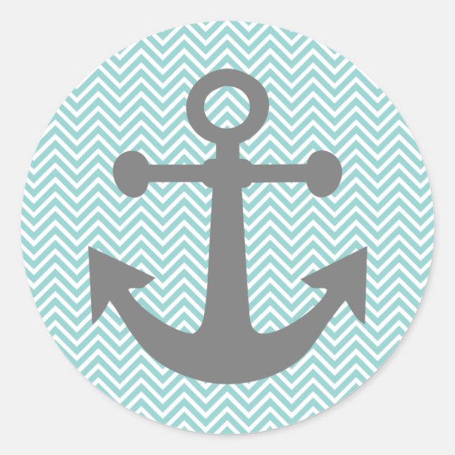 Aqua / Teal Chevron Anchor Classic Round Sticker (Front)