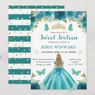 Aqua & Teal Dress Blonde Princess Sweet 16 Invitation