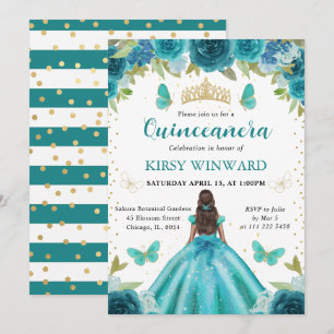 Aqua & Teal Dress Dark Skin Princess Quinceanera Invitation