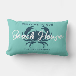 Aqua Teal Family Name Beach House Nautical Outdoor Lumbar Pillow