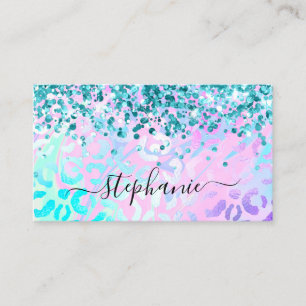 Aqua Teal Glitter Iridescent Leopard Business Card