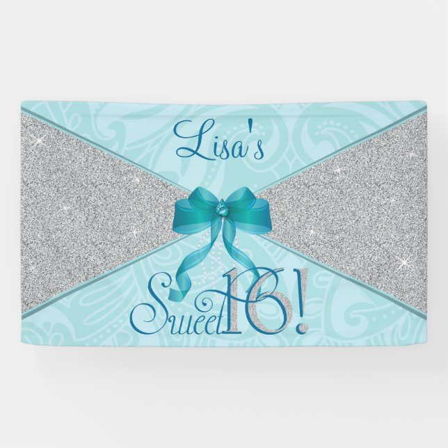 Aqua, Teal Glitter, Sweet 16 Banner (Horizontal)