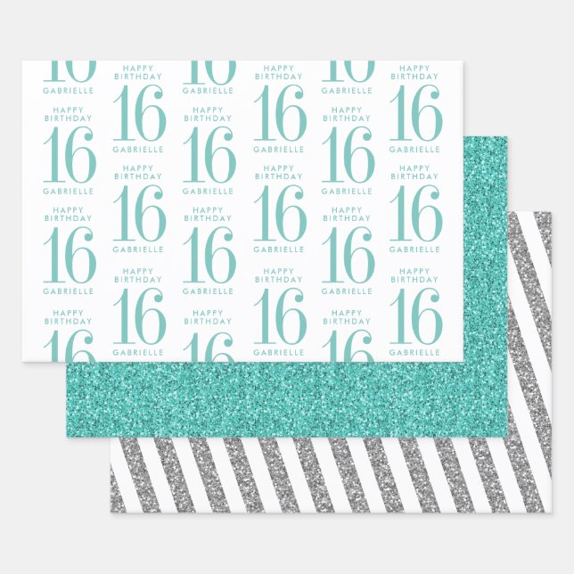 Aqua Teal Glitter Sweet 16 Personalized Turquoise Wrapping Paper Sheet (Set)