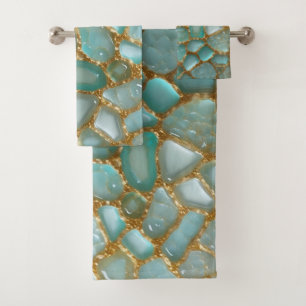 Aqua Teal Gold Mosaic Watercolor Sea Glass pattern Bath Towel Set