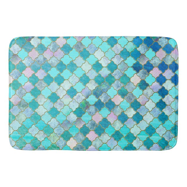 Aqua Teal Gold Oriental Moroccan Tile pattern Bath Mat (Front)