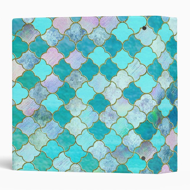 Aqua Teal Gold Oriental Moroccan Tile pattern Binder (Back/Spine)