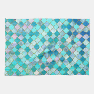Aqua Teal Gold Oriental Moroccan Tile pattern Kitchen Towel