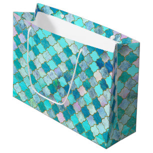 Aqua Teal Gold Oriental Moroccan Tile pattern Large Gift Bag