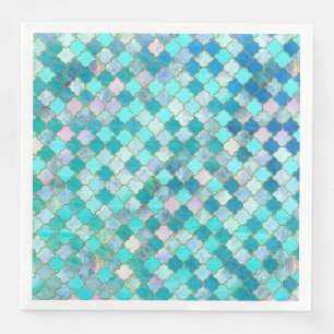 Aqua Teal Gold Oriental Moroccan Tile pattern Napkin