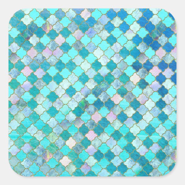 Aqua Teal Gold Oriental Moroccan Tile pattern Square Sticker (Front)