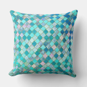 Aqua Teal Gold Oriental Moroccan Tile pattern Throw Pillow
