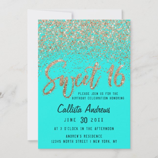 Aqua Teal Gold Scattered Glitter Ombre Sweet 16 Invitation (Front)