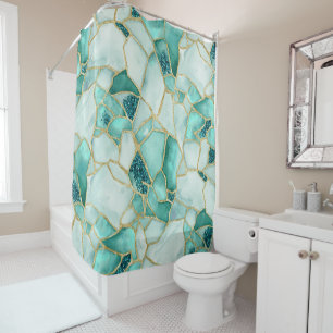Aqua Teal Gold Watercolor Sea Glass Mosaic Pattern