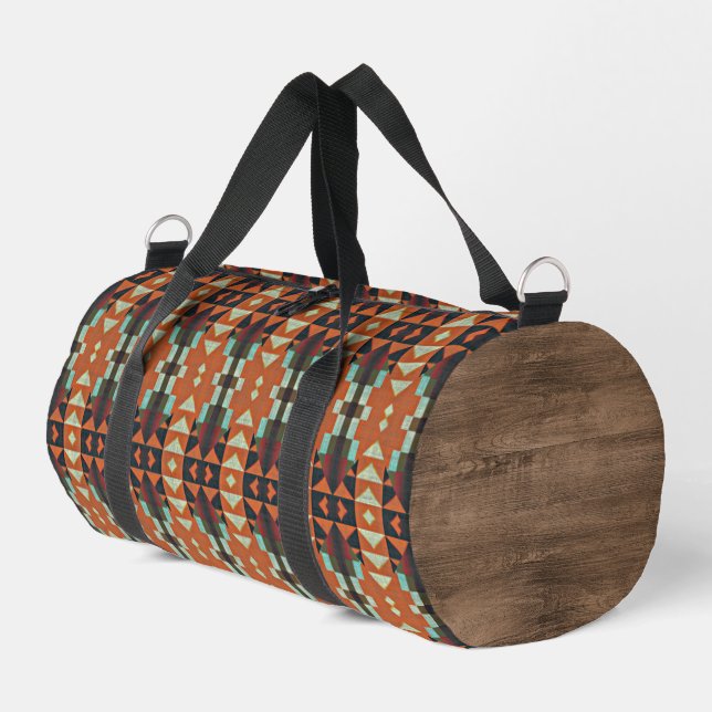 Aqua Teal Green Orange Taupe Beige Tribal Art Duffle Bag (Left Corner)