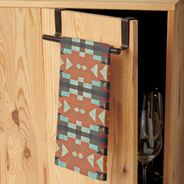 Aqua Teal Green Orange Taupe Beige Tribal Art Kitchen Towel (Thirds Fold)