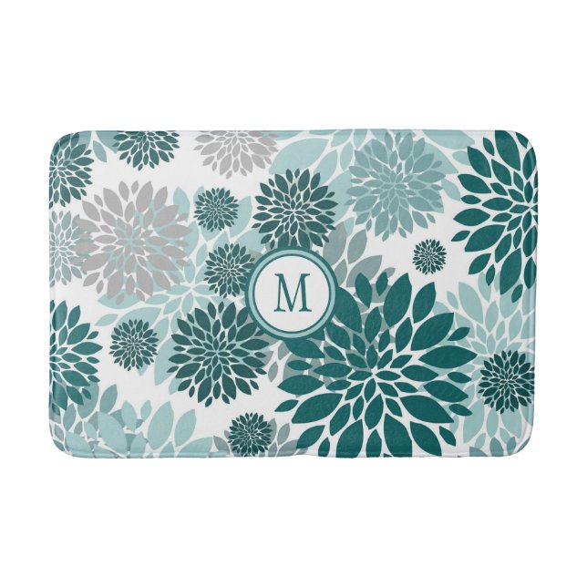 Aqua Teal Grey Flower Graphic Pattern Bath Mat (Front)