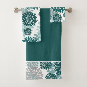 Aqua Teal Grey Flower Pattern Bath Towel Set