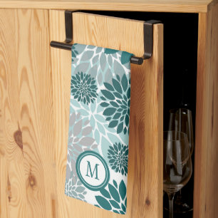 Aqua Teal Grey Flower Pattern Monogram Kitchen Towel