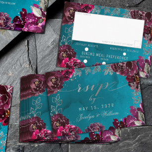 Aqua Teal Merlot Jewel Tone 3 Meal Choice RSVP Card