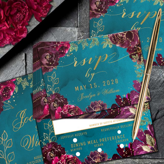 Aqua Teal Merlot Jewel Tone Gold Meal Choice RSVP (Aqua Teal Merlot Gold Jewel Tone Wedding Meal Choice RSVP Enclosure Card)