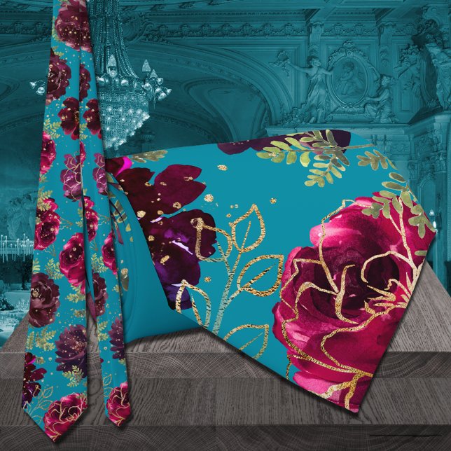 Aqua Teal Merlot Jewel Tone Gold Wedding Tie (Aqua Teal Merlot Jewel Tone Gold Wedding Neck Tie)