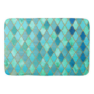 Aqua Teal Mint Gold Oriental Moroccan Tile pattern Bath Mat