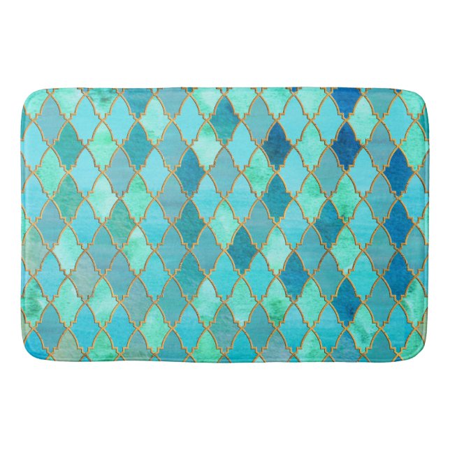 Aqua Teal Mint Gold Oriental Moroccan Tile pattern Bath Mat (Front)