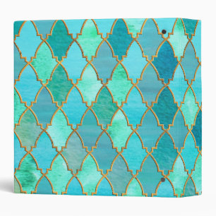 Aqua Teal Mint Gold Oriental Moroccan Tile pattern Binder