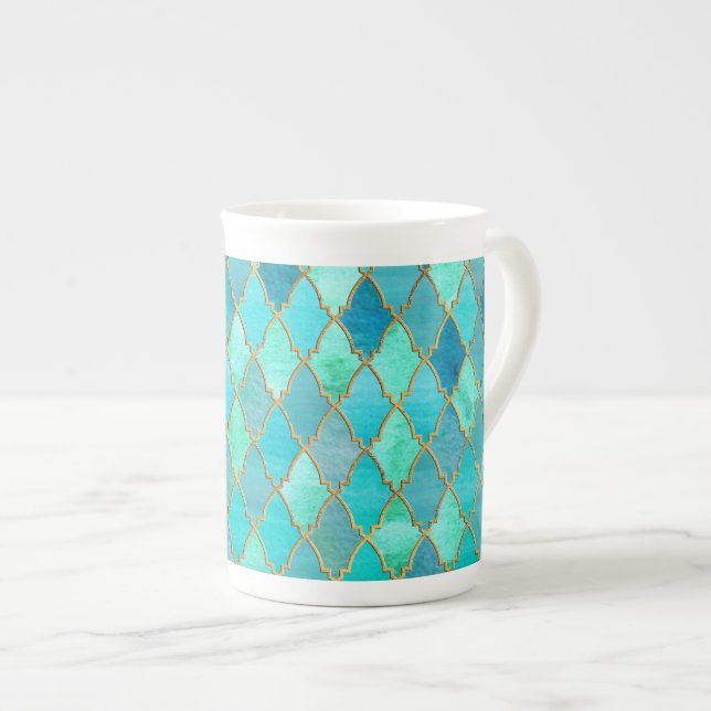 Aqua Teal Mint Gold Oriental Moroccan Tile pattern Bone China Mug (Front Right)