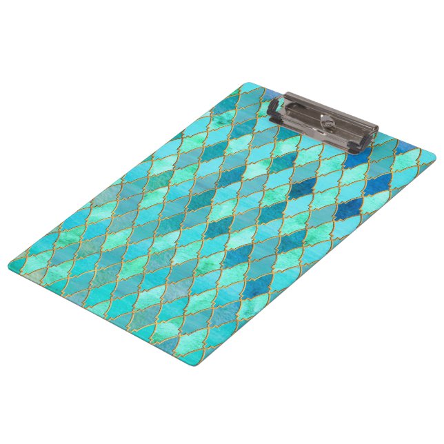 Aqua Teal Mint Gold Oriental Moroccan Tile pattern Clipboard (Angled)