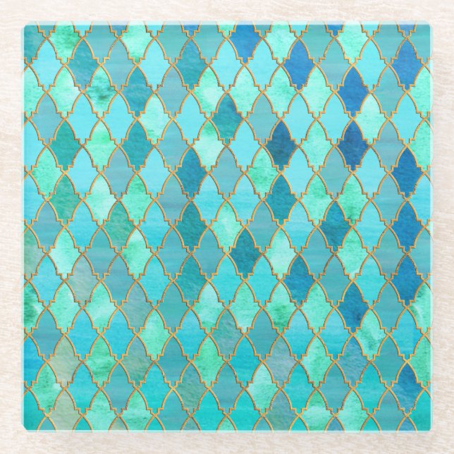 Aqua Teal Mint Gold Oriental Moroccan Tile pattern Glass Coaster (Front)