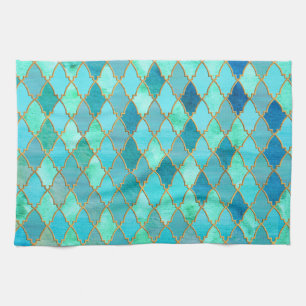 Aqua Teal Mint Gold Oriental Moroccan Tile pattern Kitchen Towel