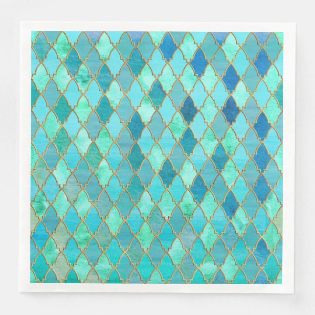 Aqua Teal Mint Gold Oriental Moroccan Tile pattern Napkin (Front)