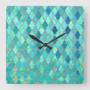 Aqua Teal Mint Gold Oriental Moroccan Tile pattern Square Wall Clock