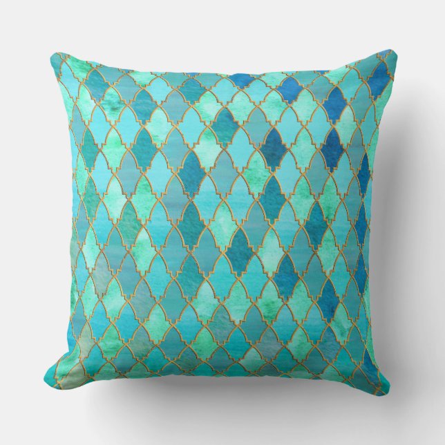 Aqua Teal Mint Gold Oriental Moroccan Tile pattern Throw Pillow (Front)