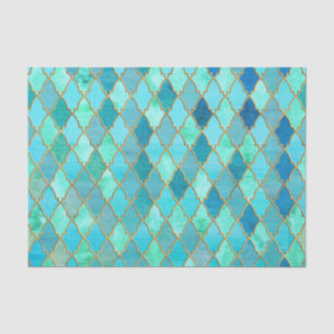 Aqua Teal Mint Gold Oriental Moroccan Tile pattern Tissue Paper