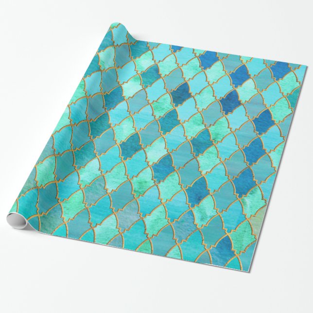 Aqua Teal Mint Gold Oriental Moroccan Tile pattern Wrapping Paper (Unrolled)