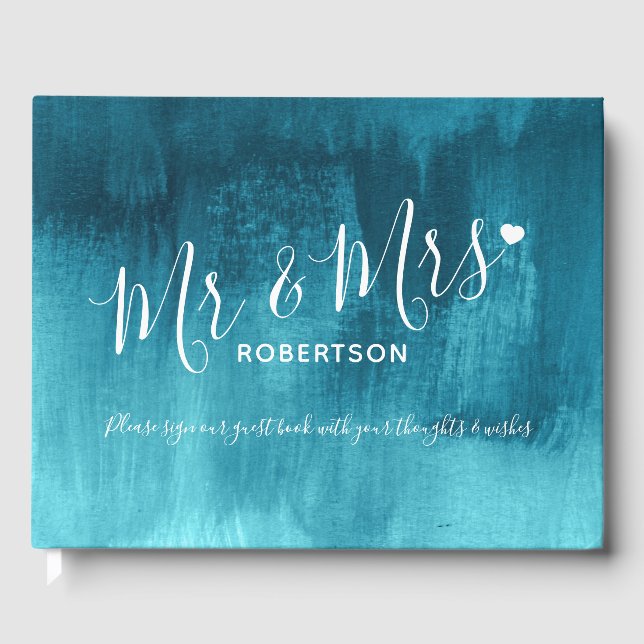 Aqua teal modern art custom wedding guest book (Front)