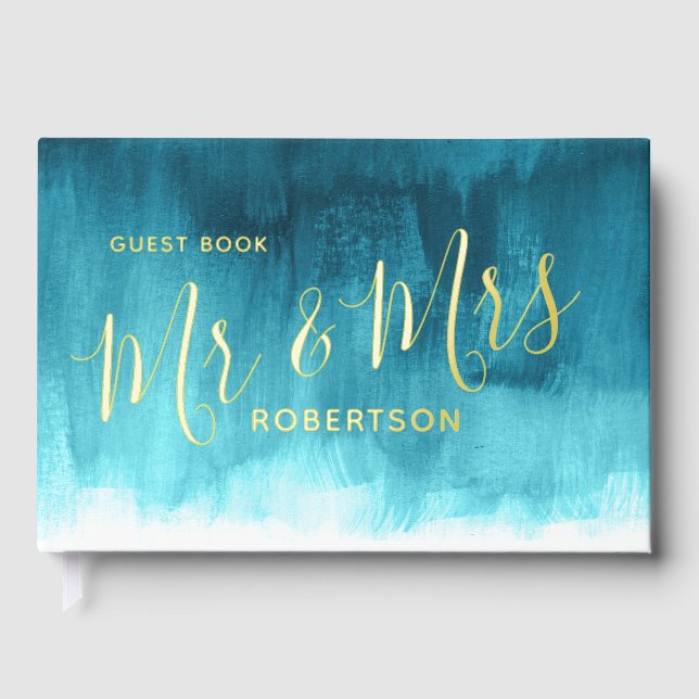 Aqua teal modern art custom wedding  guest book (Front)