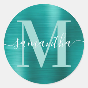 Aqua Teal Modern Signature Monogram Foil Classic Round Sticker