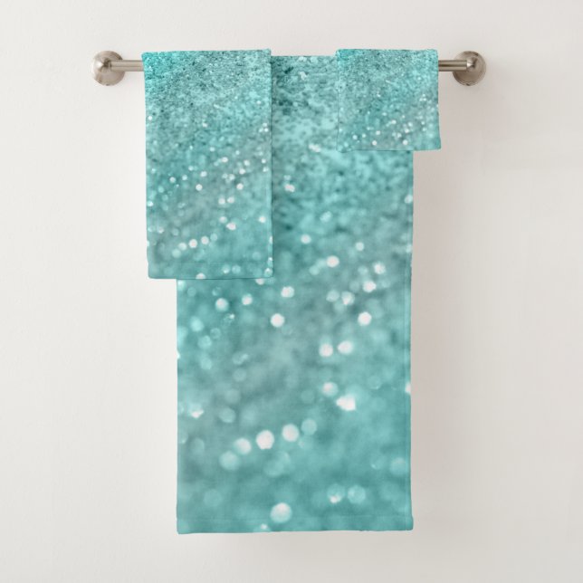 Aqua Teal Ocean Glitter #1 Bath Towel Set (Insitu)