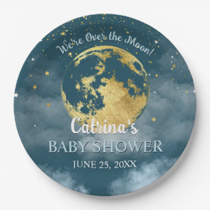 Aqua Teal Over the Moon and Stars Baby Shower Paper Plate