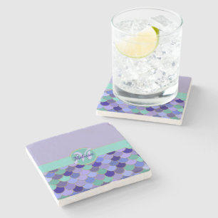 Aqua Teal Purple Mermaid Name + Monogram Stone Coaster
