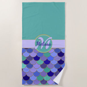 Aqua Teal & Purple Mermaid Scales Monogram + Name Beach Towel