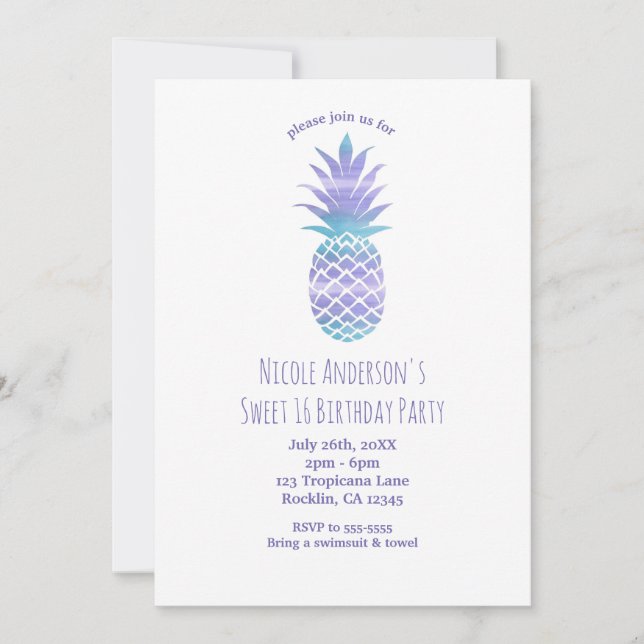 Aqua Teal & Purple Pineapple Tropical Chic Party Invitation (Front)