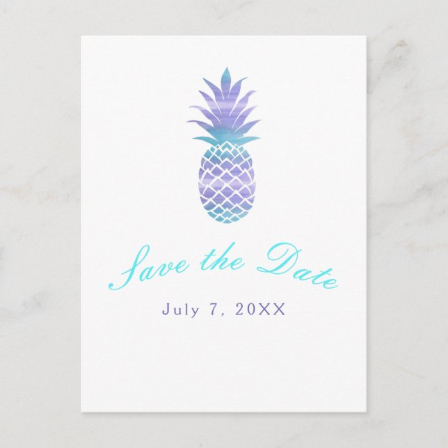 Aqua Teal Purple Pineapple Tropical Save the Date Announcement Postcard (Front)