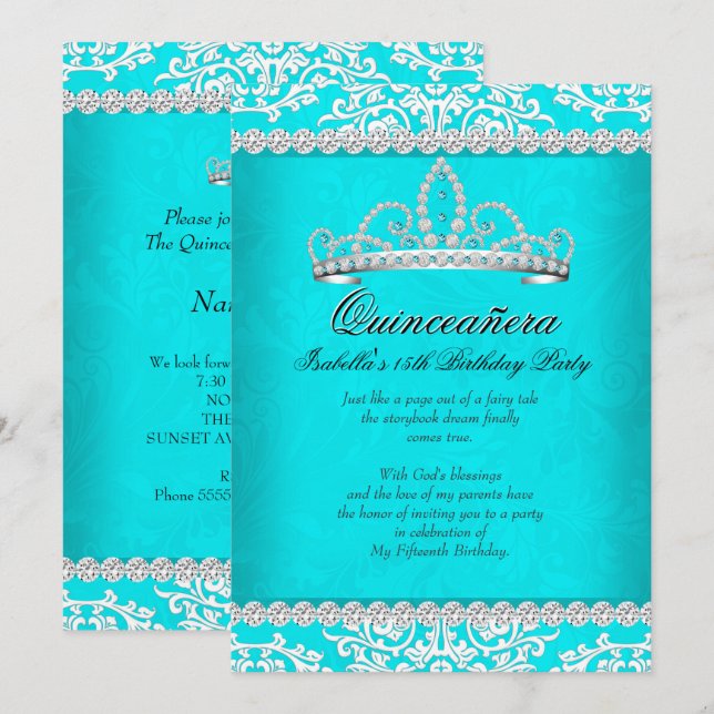 Aqua Teal Quinceanera 15th Birthday Party Tiara Invitation (Front/Back)